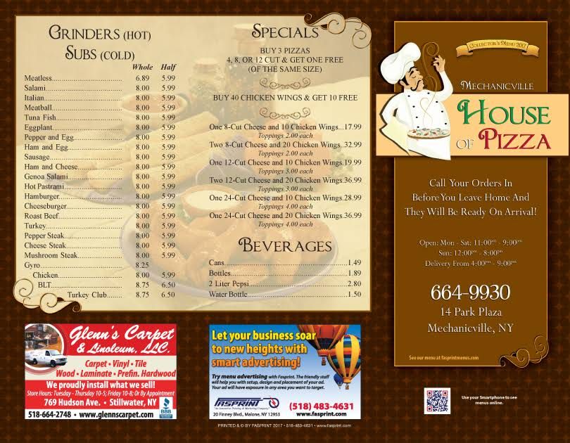 Mechanicville House of Pizza Menu 1